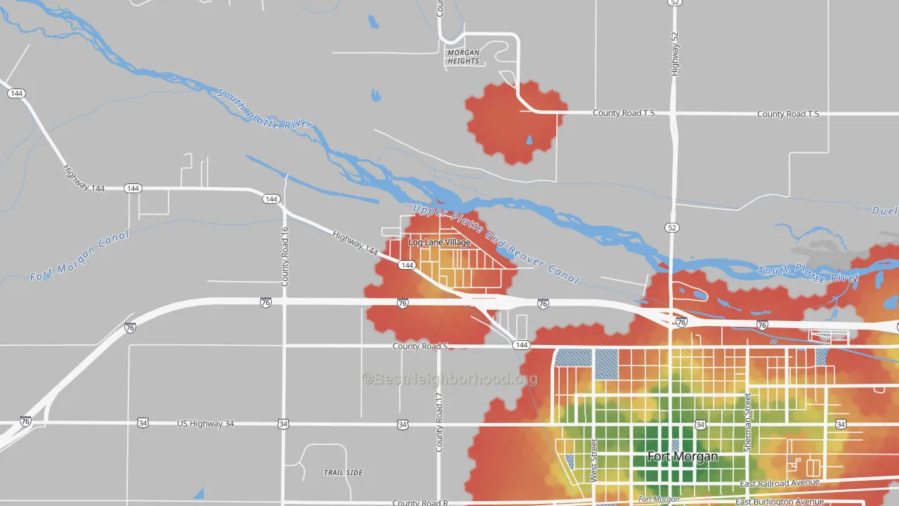 Walk Grade map of 80705, CO, walkable areas in green and car-dependent areas in red