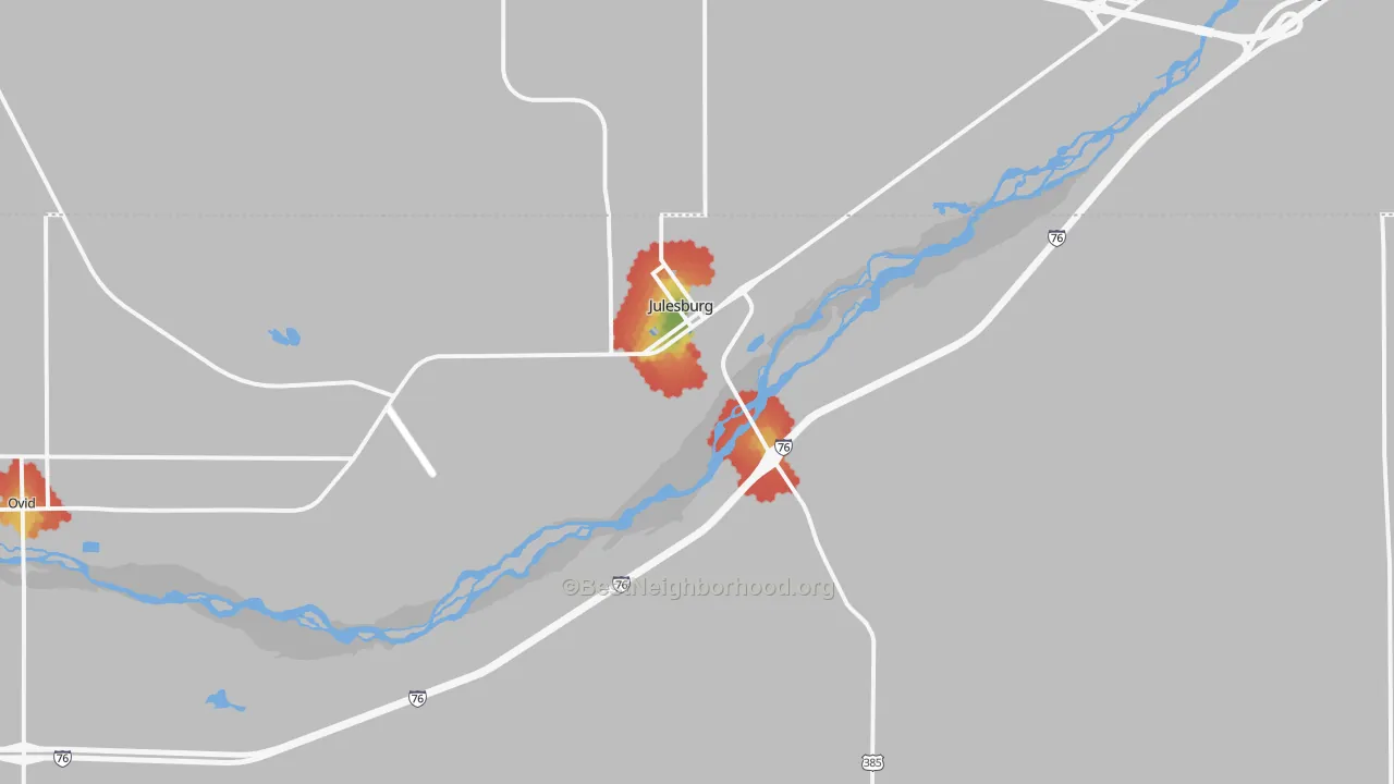 Walk Grade map of 80737, CO, walkable areas in green and car-dependent areas in red