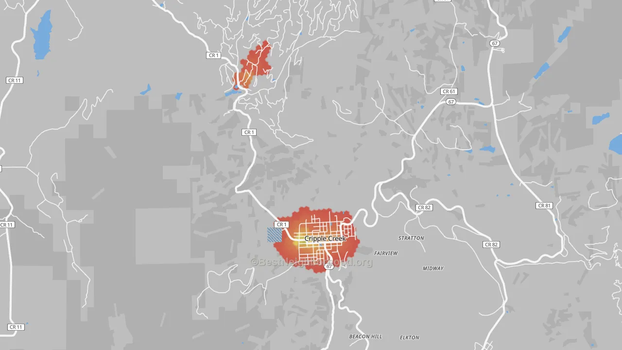 Walk Grade map of 80813, CO, walkable areas in green and car-dependent areas in red