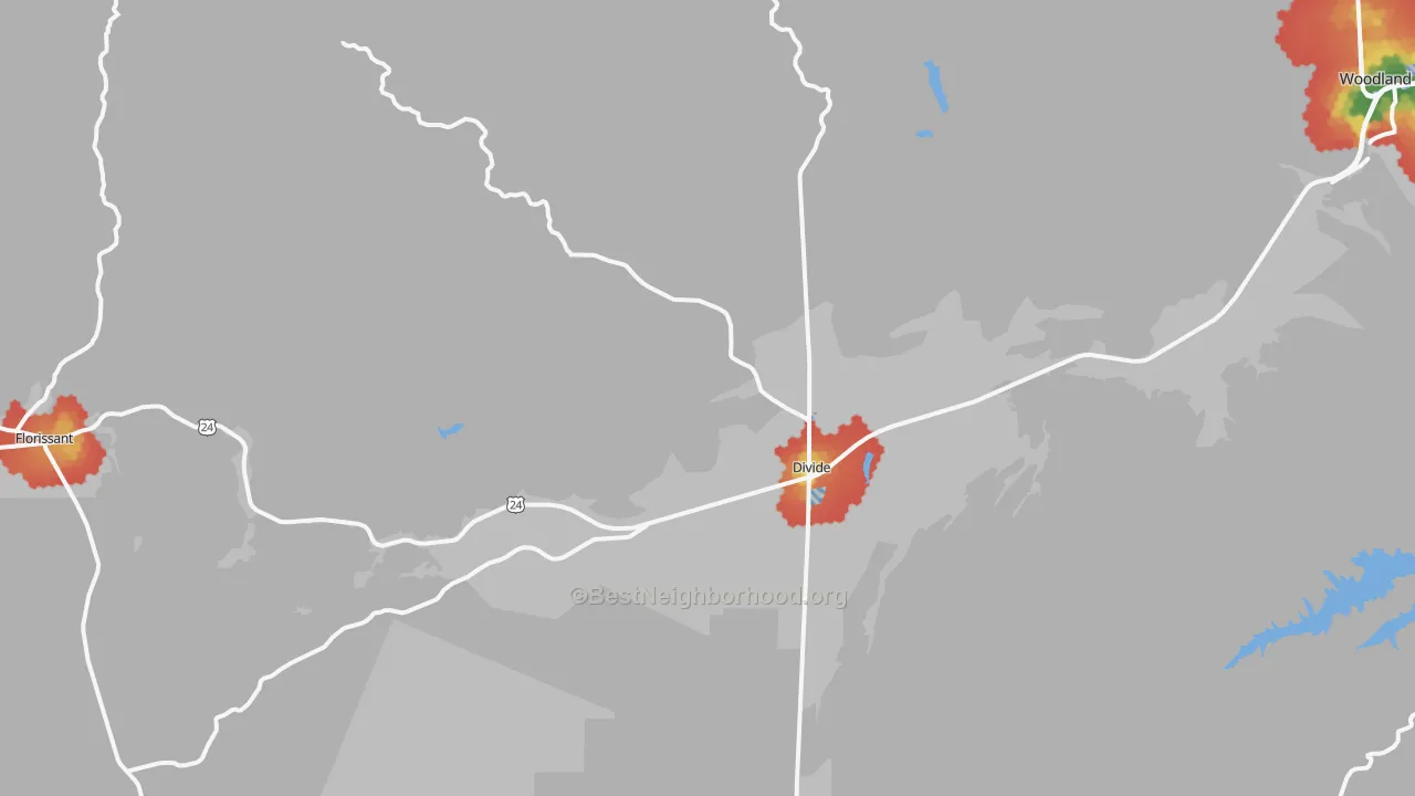 Walk Grade map of 80814, CO, walkable areas in green and car-dependent areas in red