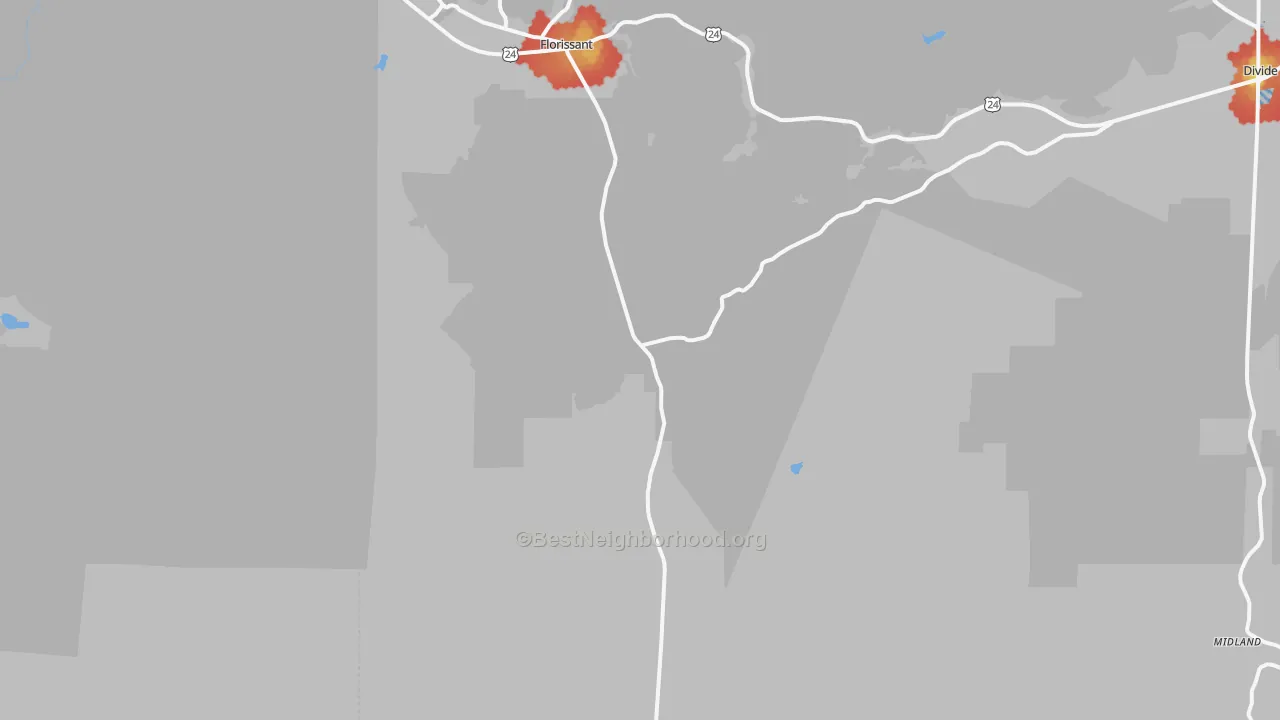 Walk Grade map of 80816, CO, walkable areas in green and car-dependent areas in red