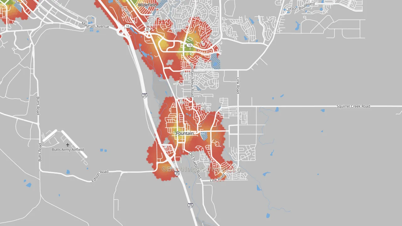 Walk Grade map of 80817, CO, walkable areas in green and car-dependent areas in red