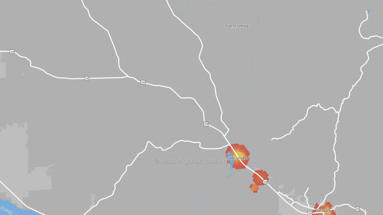 Walk Grade map of 80827, CO, walkable areas in green and car-dependent areas in red