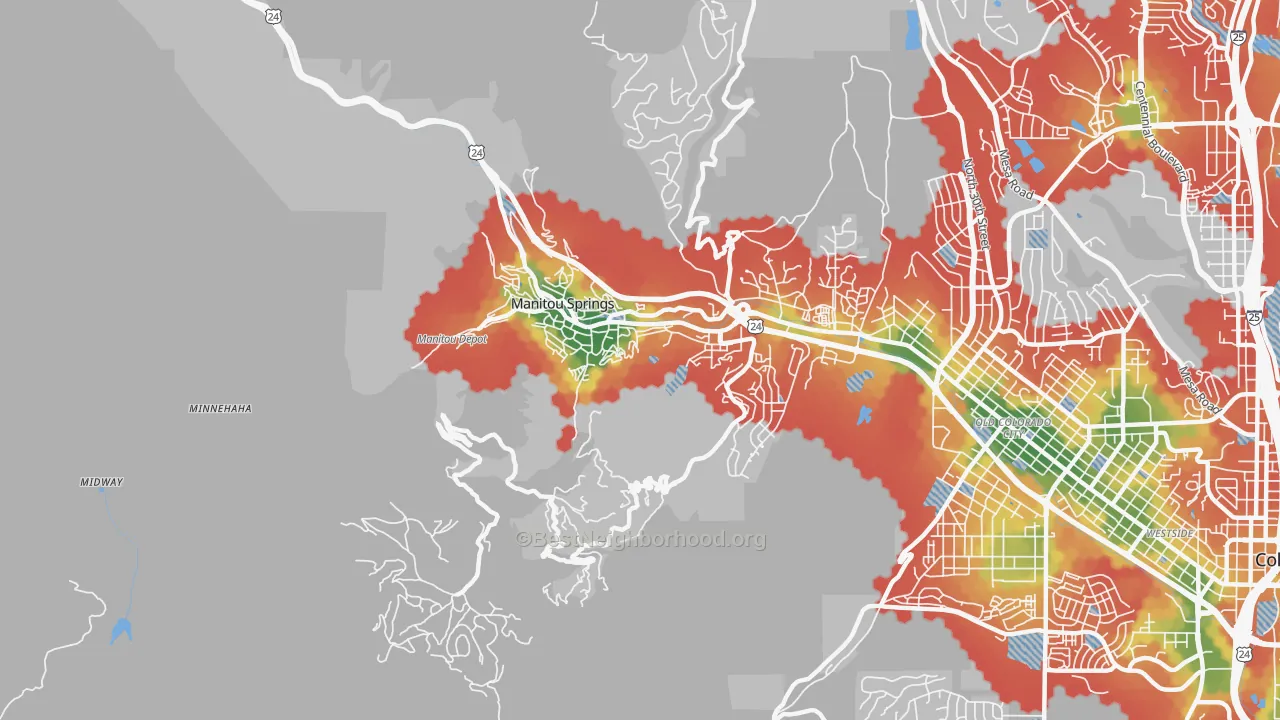 Walk Grade map of 80829, CO, walkable areas in green and car-dependent areas in red