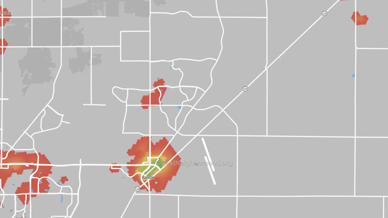 Walk Grade map of 80831, CO, walkable areas in green and car-dependent areas in red
