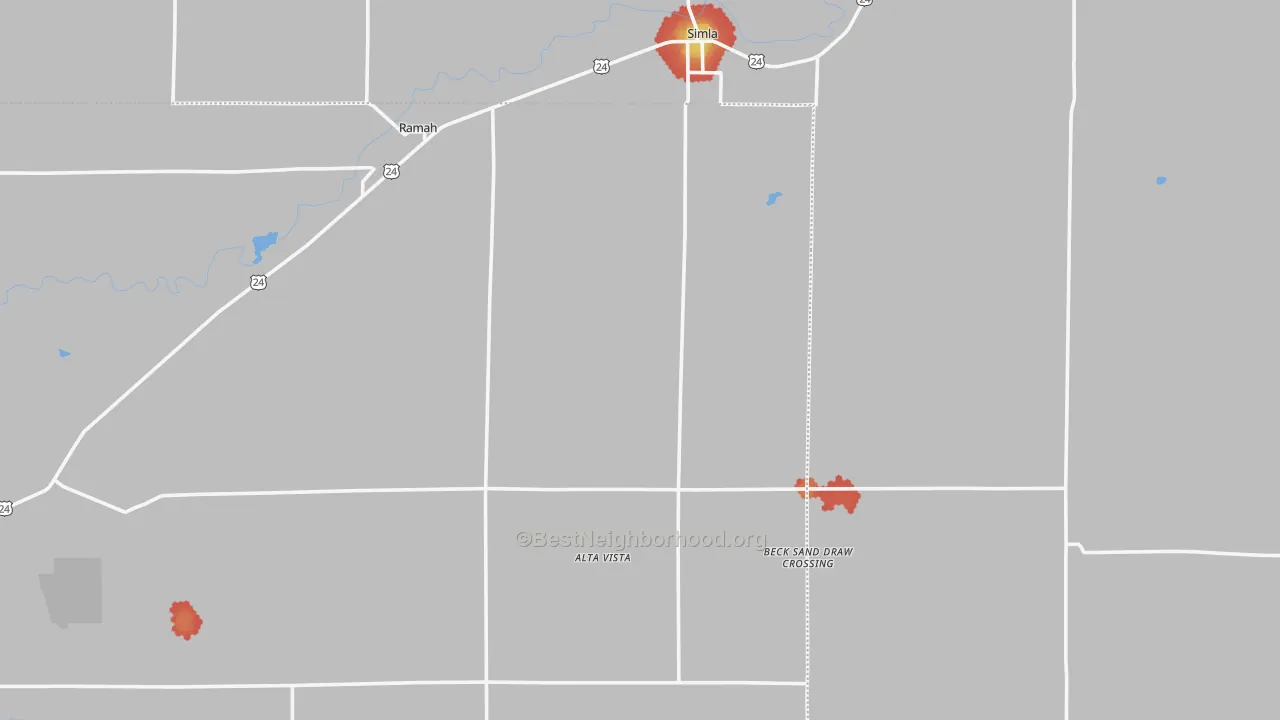 Walk Grade map of 80832, CO, walkable areas in green and car-dependent areas in red