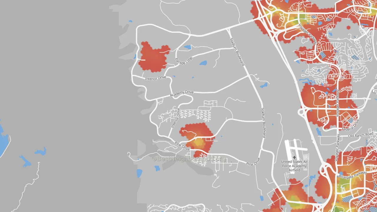 Walk Grade map of 80840, CO, walkable areas in green and car-dependent areas in red