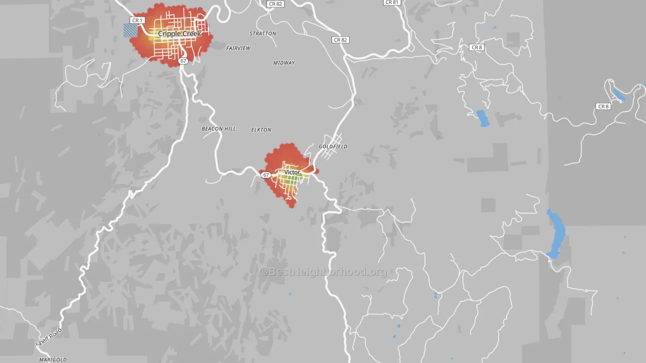 Walk Grade map of 80860, CO, walkable areas in green and car-dependent areas in red