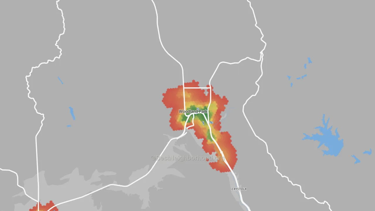 Walk Grade map of 80863, CO, walkable areas in green and car-dependent areas in red