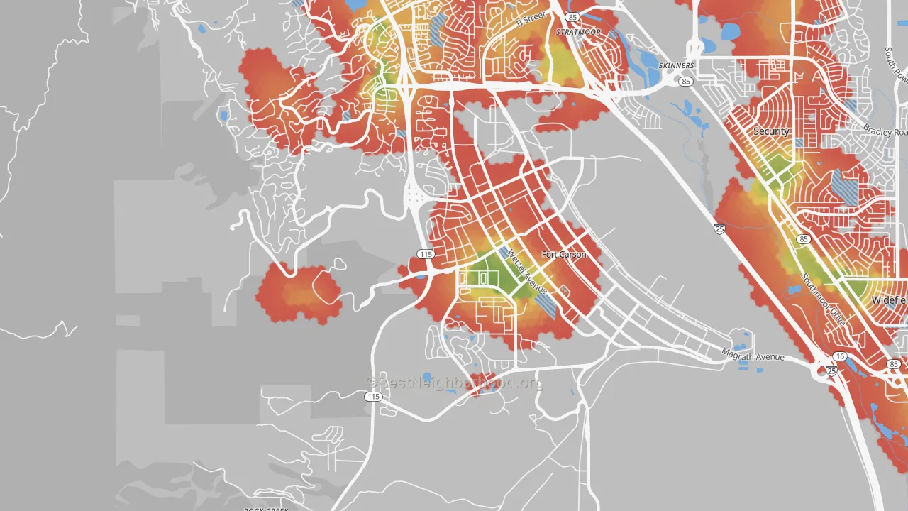 Walk Grade map of 80902, CO, walkable areas in green and car-dependent areas in red