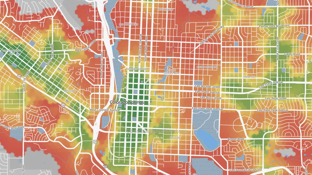 Walk Grade map of 80903, CO, walkable areas in green and car-dependent areas in red