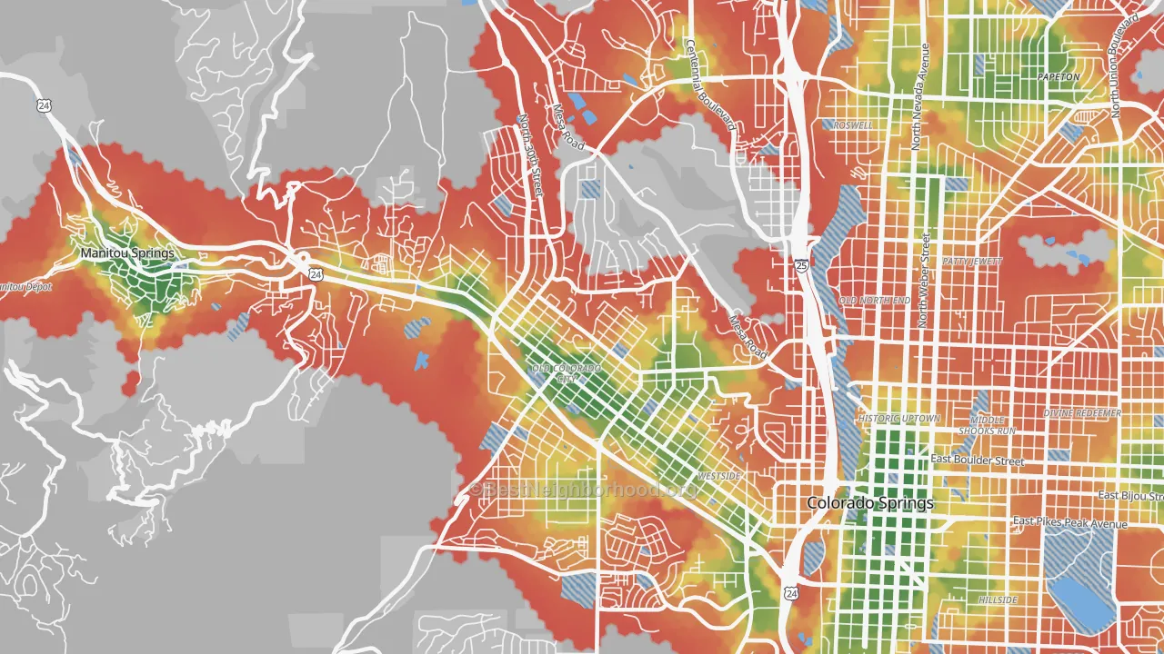 Walk Grade map of 80904, CO, walkable areas in green and car-dependent areas in red