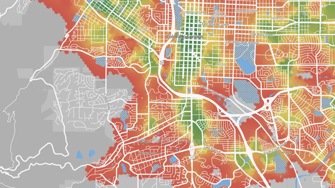 Walk Grade map of 80905, CO, walkable areas in green and car-dependent areas in red