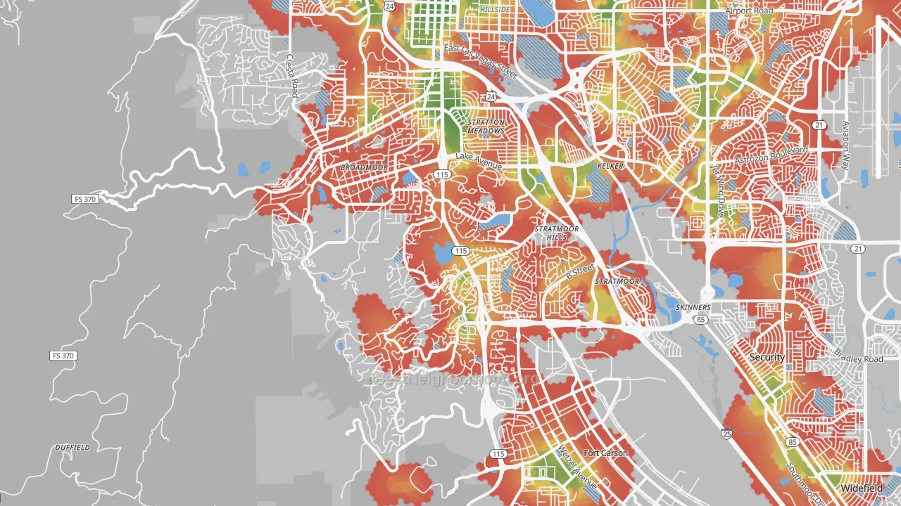 Walk Grade map of 80906, CO, walkable areas in green and car-dependent areas in red