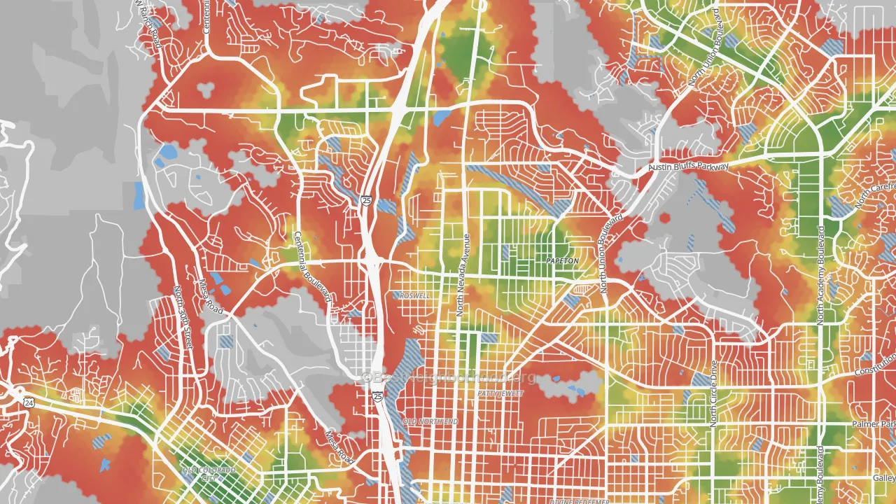 Walk Grade map of 80907, CO, walkable areas in green and car-dependent areas in red