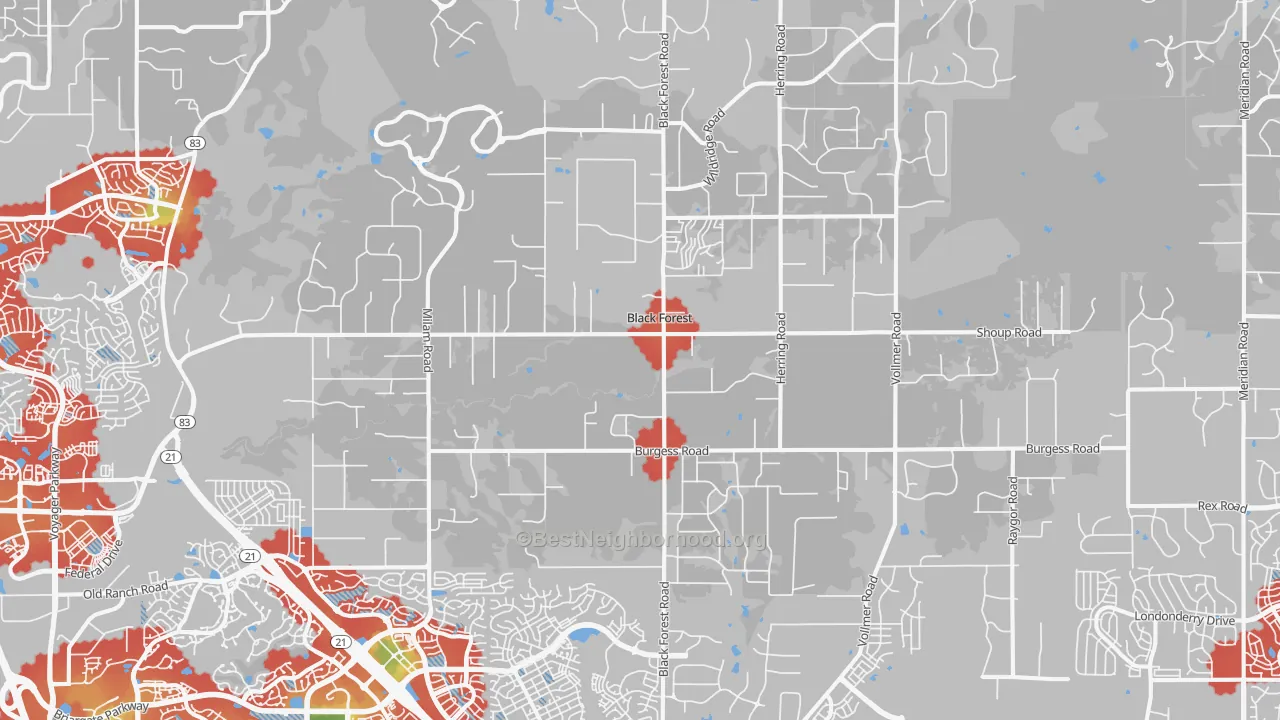 Walk Grade map of 80908, CO, walkable areas in green and car-dependent areas in red
