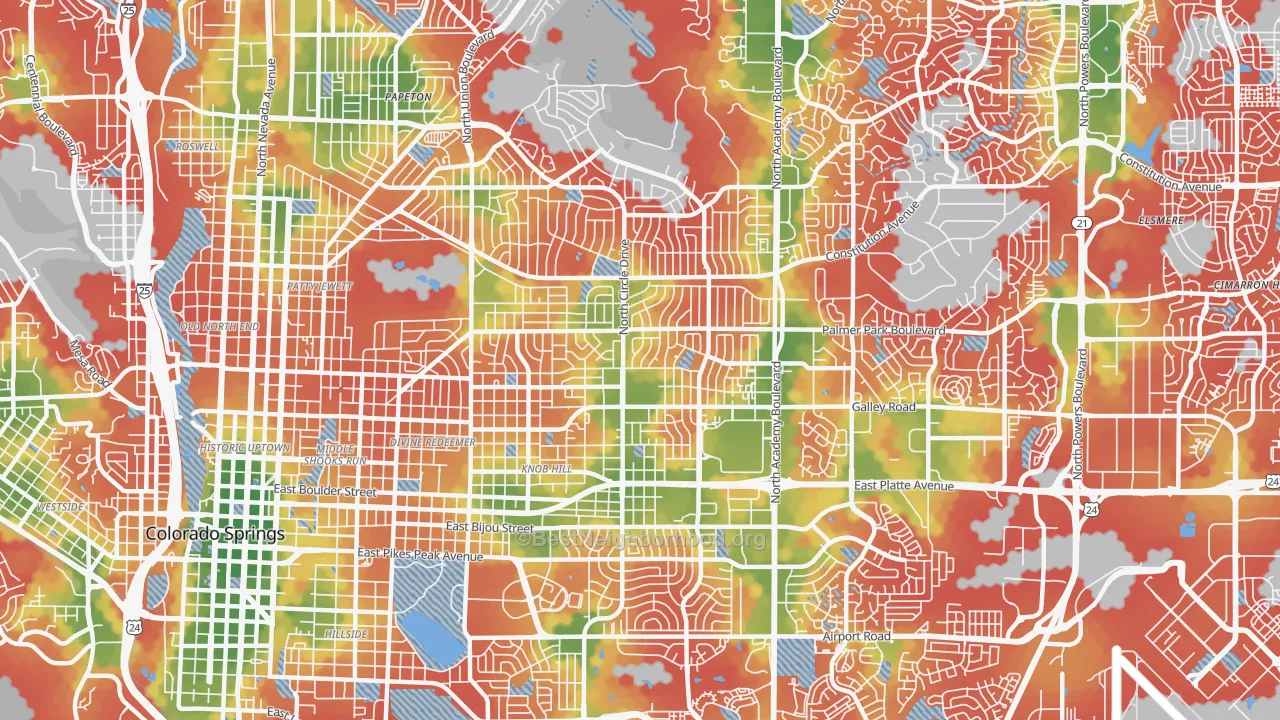 Walk Grade map of 80909, CO, walkable areas in green and car-dependent areas in red