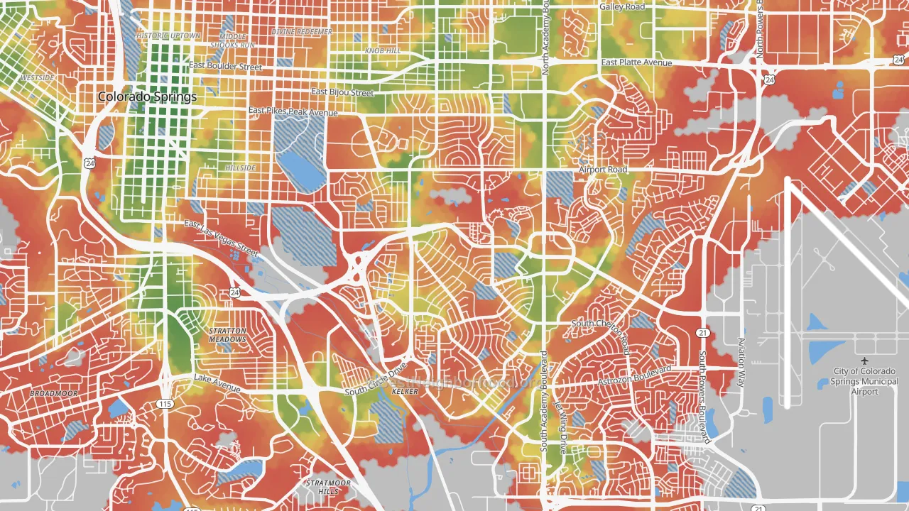 Walk Grade map of 80910, CO, walkable areas in green and car-dependent areas in red