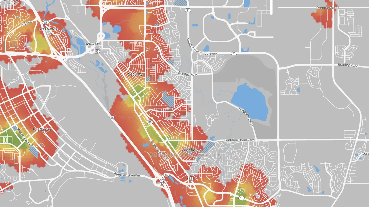 Walk Grade map of 80911, CO, walkable areas in green and car-dependent areas in red