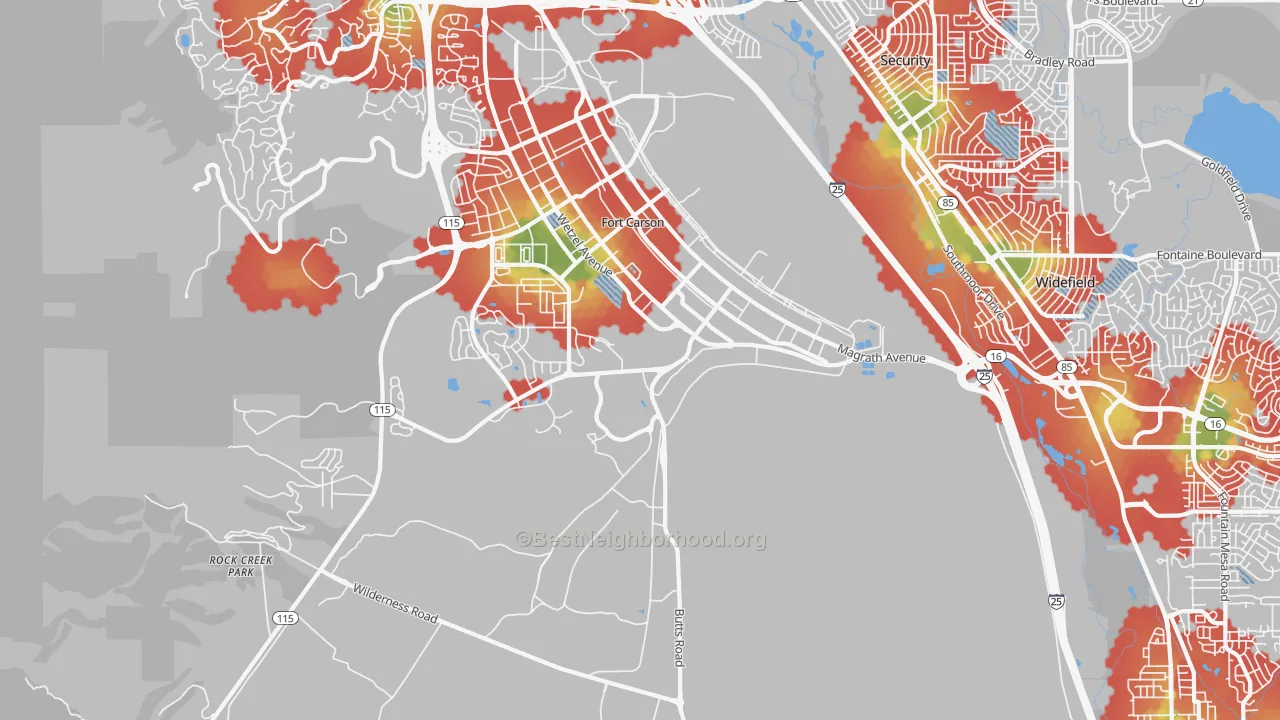 Walk Grade map of 80913, CO, walkable areas in green and car-dependent areas in red