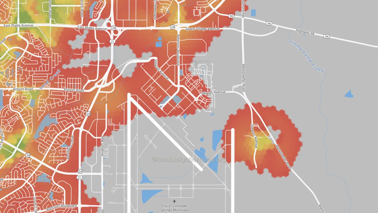 Walk Grade map of 80914, CO, walkable areas in green and car-dependent areas in red