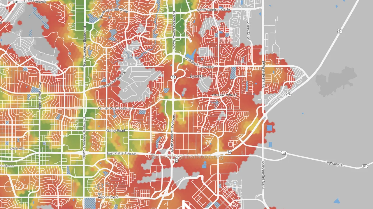 Walk Grade map of 80915, CO, walkable areas in green and car-dependent areas in red