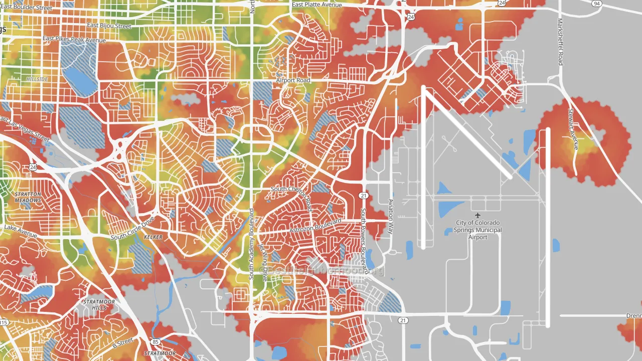 Walk Grade map of 80916, CO, walkable areas in green and car-dependent areas in red