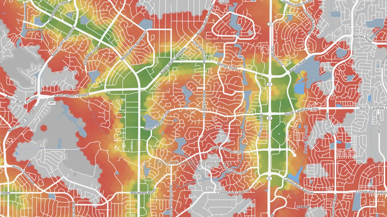 Walk Grade map of 80917, CO, walkable areas in green and car-dependent areas in red