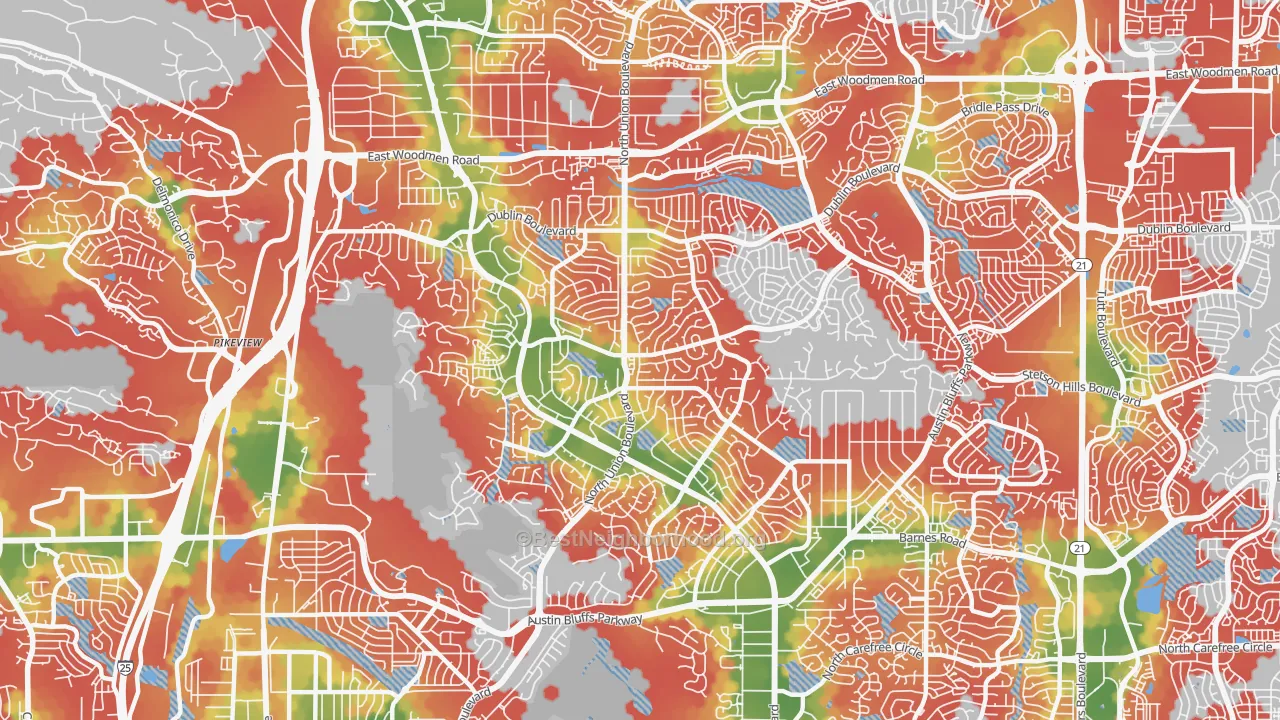 Walk Grade map of 80918, CO, walkable areas in green and car-dependent areas in red
