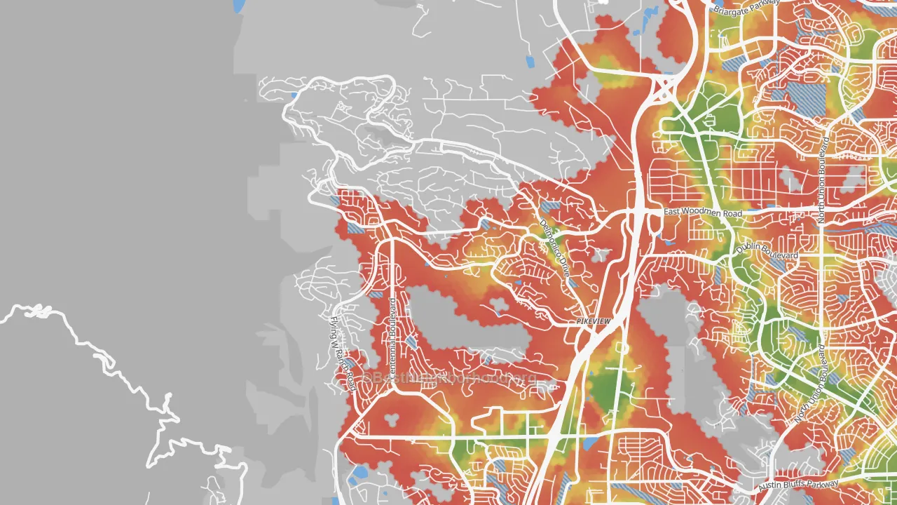 Walk Grade map of 80919, CO, walkable areas in green and car-dependent areas in red