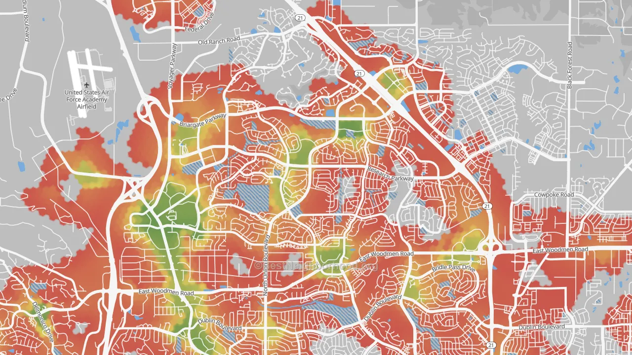 Walk Grade map of 80920, CO, walkable areas in green and car-dependent areas in red