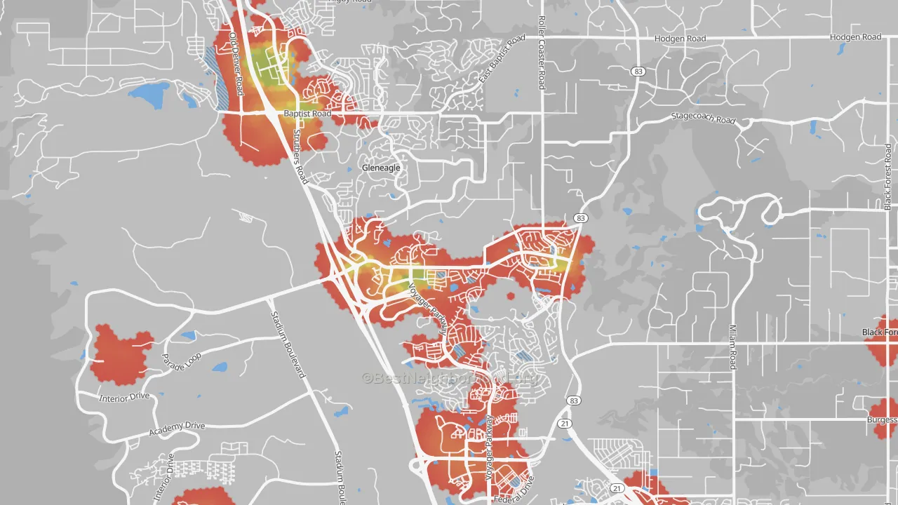 Walk Grade map of 80921, CO, walkable areas in green and car-dependent areas in red