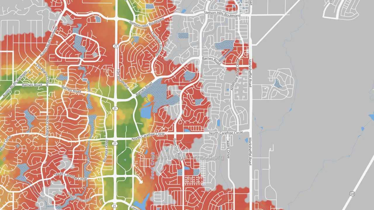 Walk Grade map of 80922, CO, walkable areas in green and car-dependent areas in red
