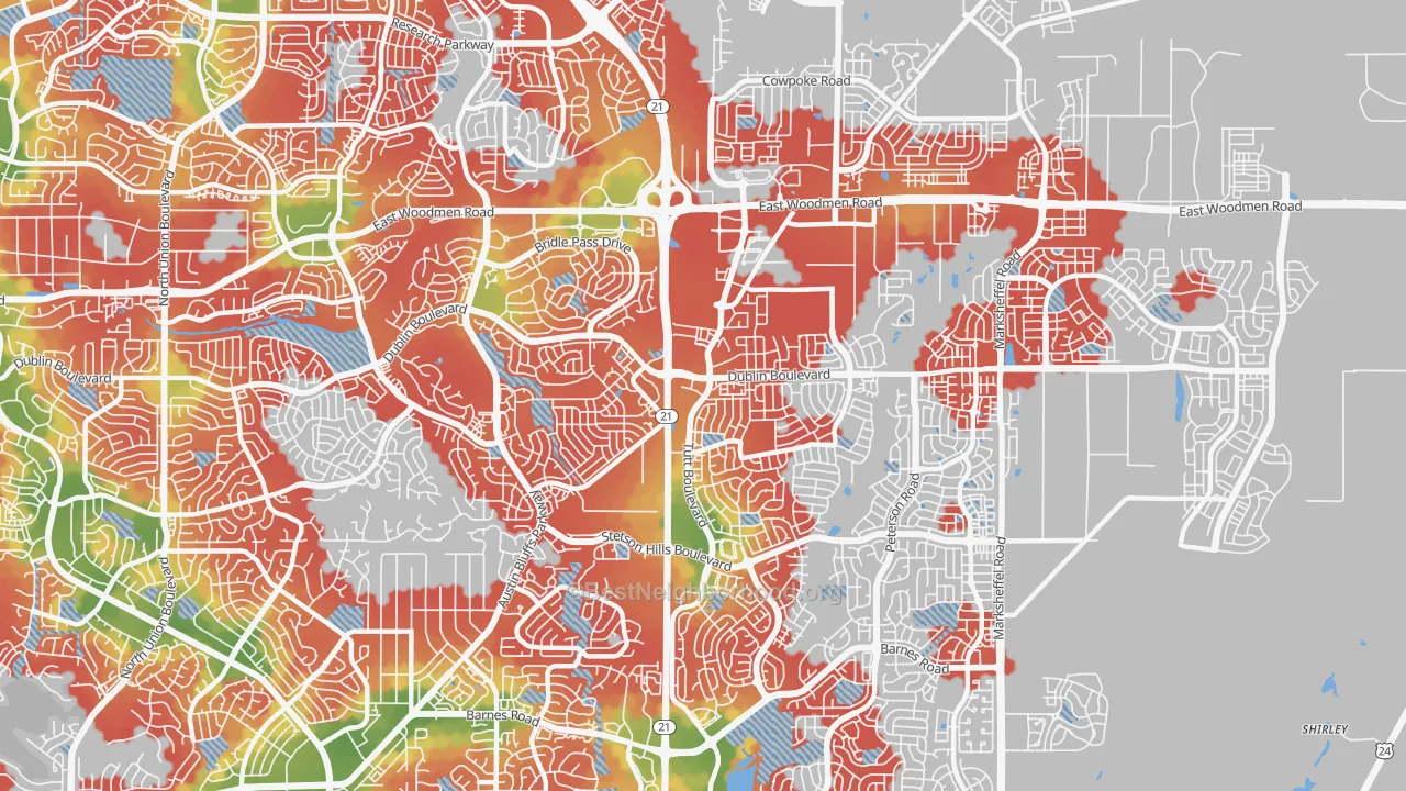 Walk Grade map of 80923, CO, walkable areas in green and car-dependent areas in red