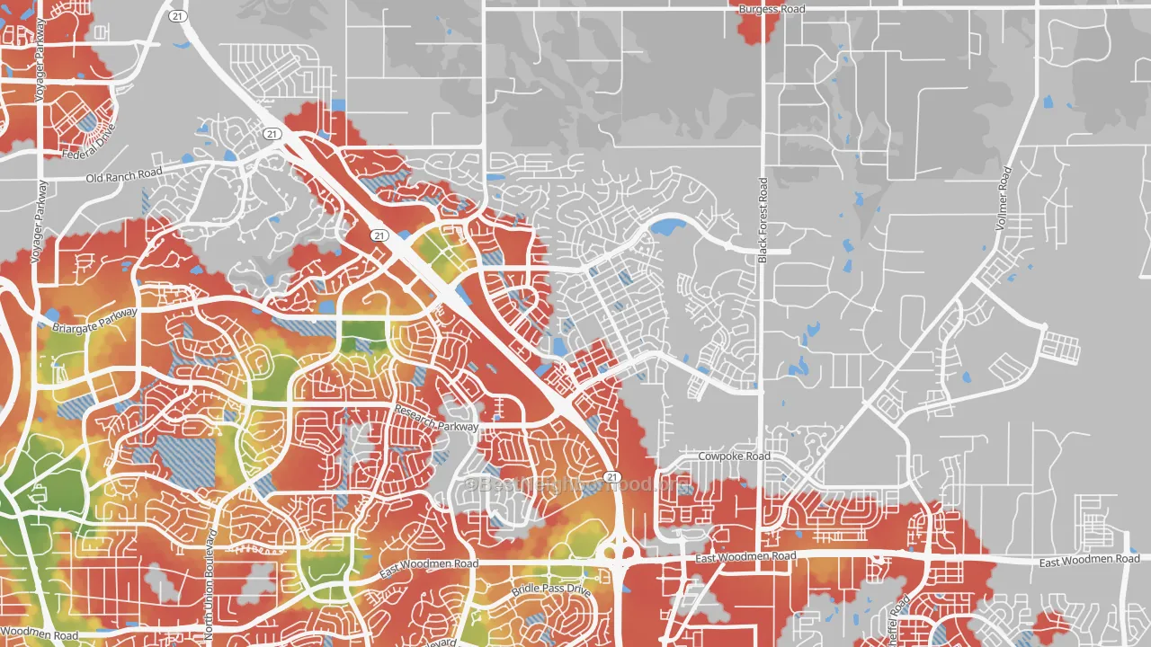 Walk Grade map of 80924, CO, walkable areas in green and car-dependent areas in red