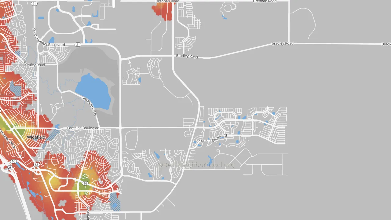 Walk Grade map of 80925, CO, walkable areas in green and car-dependent areas in red