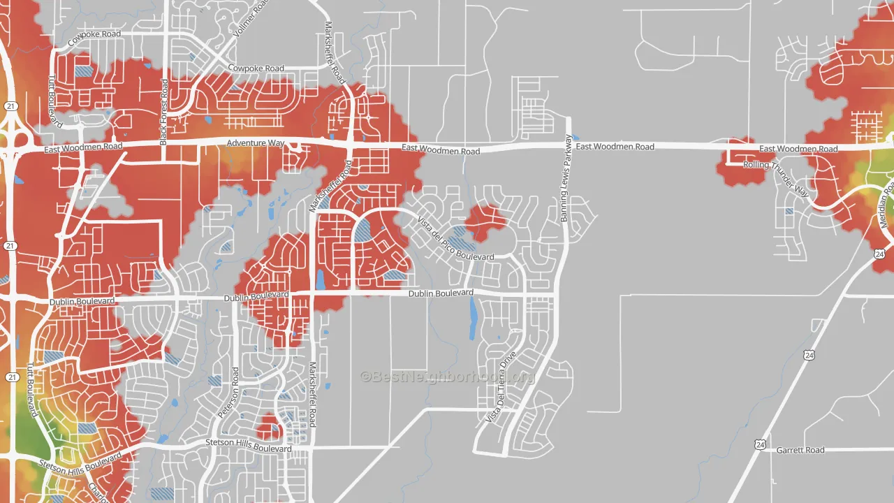 Walk Grade map of 80927, CO, walkable areas in green and car-dependent areas in red