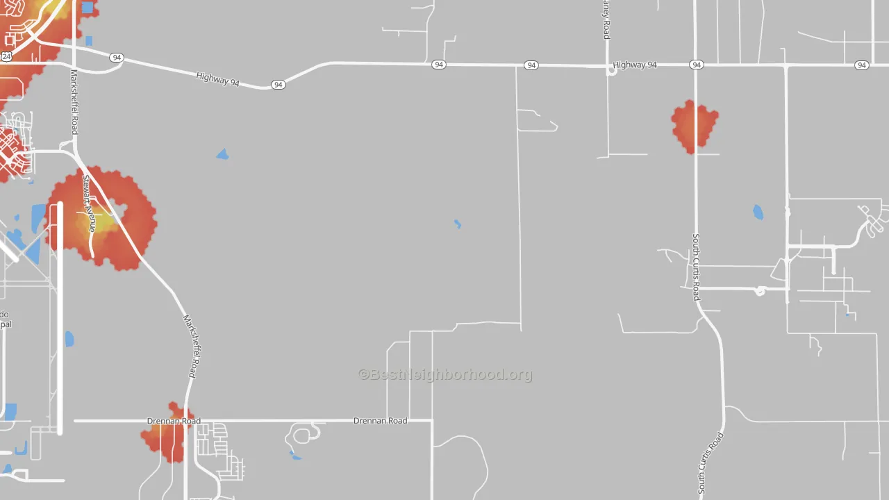 Walk Grade map of 80929, CO, walkable areas in green and car-dependent areas in red