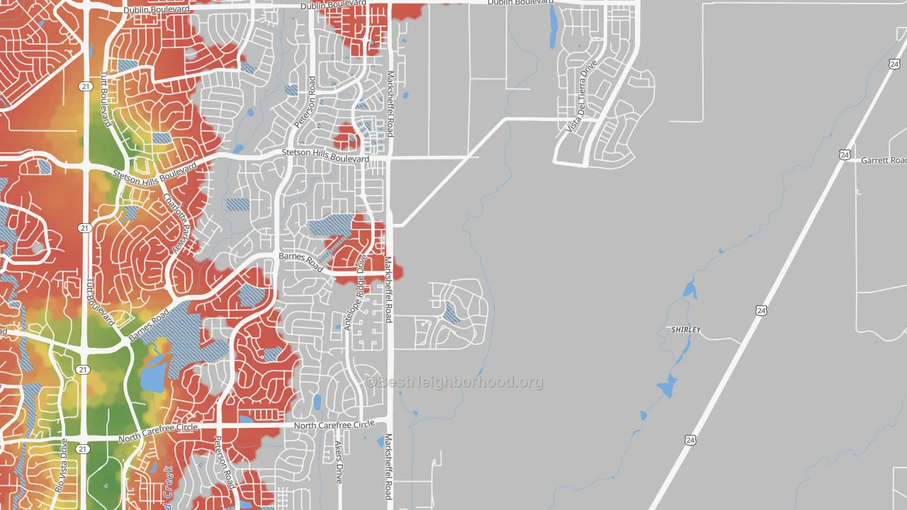 Walk Grade map of 80938, CO, walkable areas in green and car-dependent areas in red