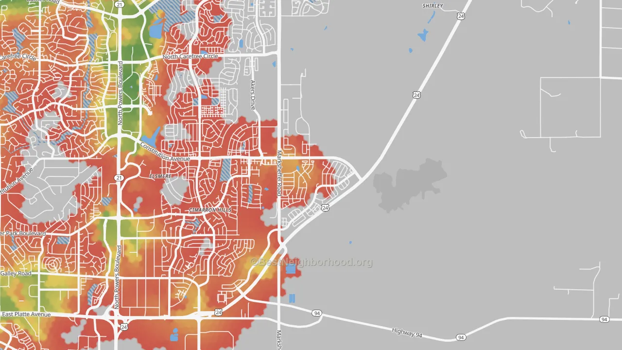 Walk Grade map of 80951, CO, walkable areas in green and car-dependent areas in red