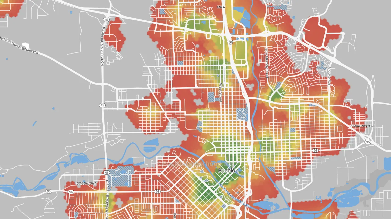 Walk Grade map of 81003, CO, walkable areas in green and car-dependent areas in red