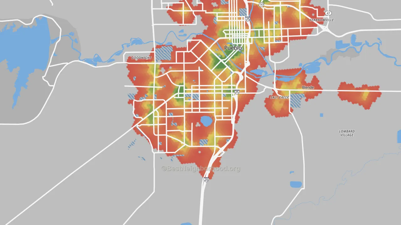 Walk Grade map of 81004, CO, walkable areas in green and car-dependent areas in red
