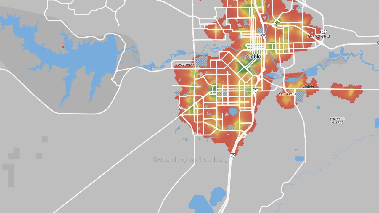 Walk Grade map of 81005, CO, walkable areas in green and car-dependent areas in red