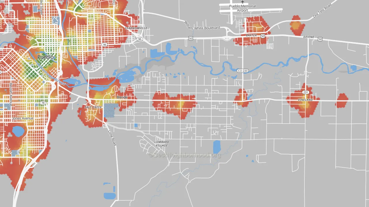 Walk Grade map of 81006, CO, walkable areas in green and car-dependent areas in red
