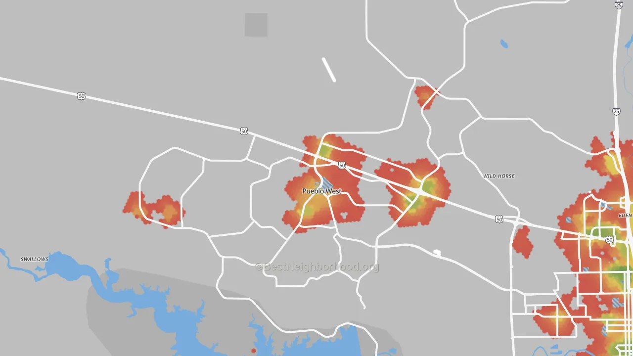 Walk Grade map of 81007, CO, walkable areas in green and car-dependent areas in red