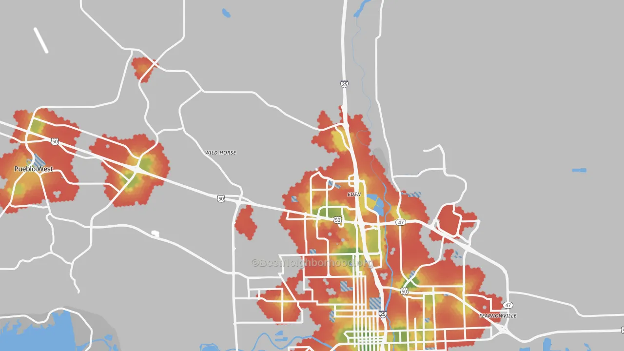 Walk Grade map of 81008, CO, walkable areas in green and car-dependent areas in red