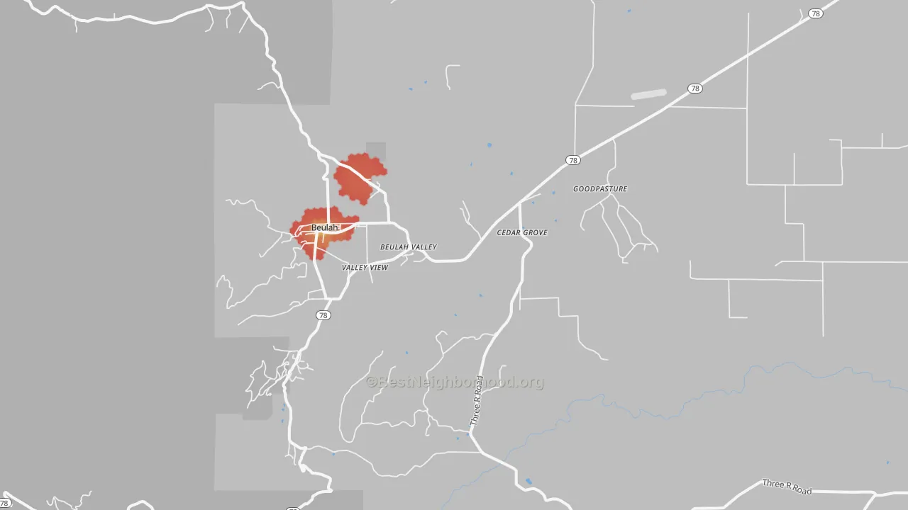 Walk Grade map of 81023, CO, walkable areas in green and car-dependent areas in red