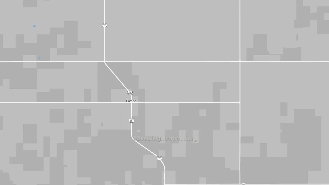 Walk Grade map of 81029, CO, walkable areas in green and car-dependent areas in red