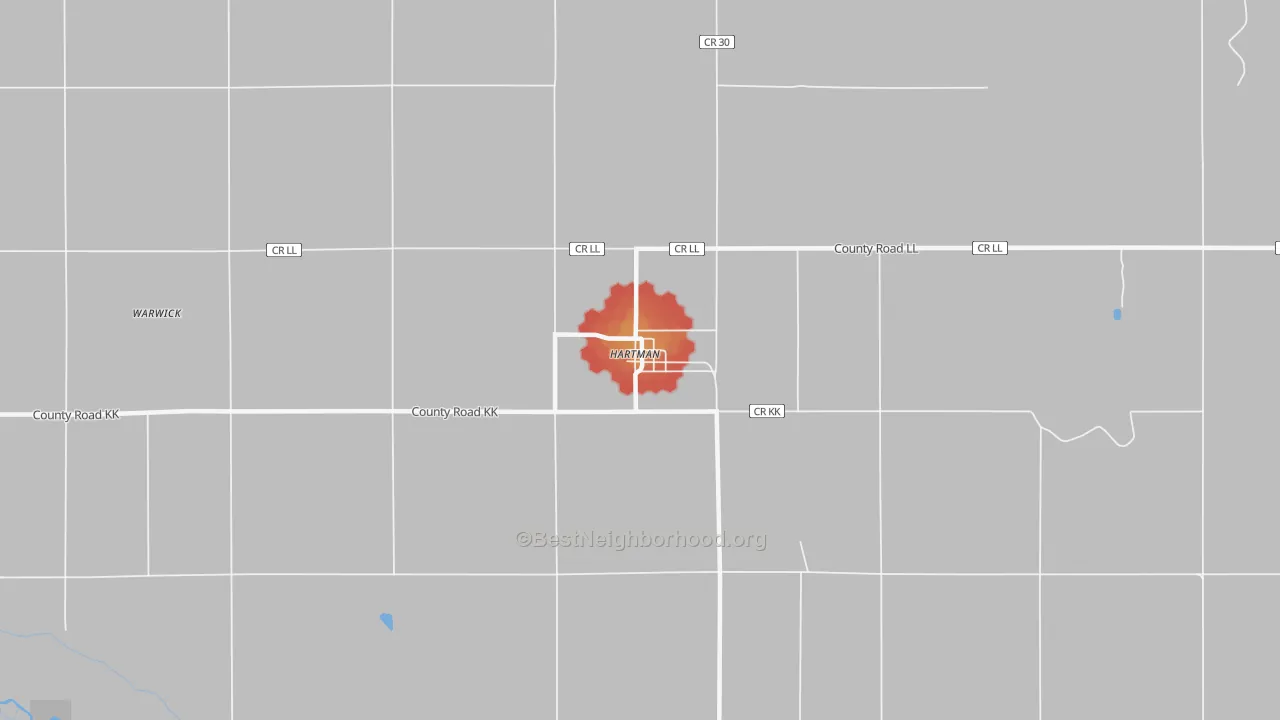 Walk Grade map of 81043, CO, walkable areas in green and car-dependent areas in red