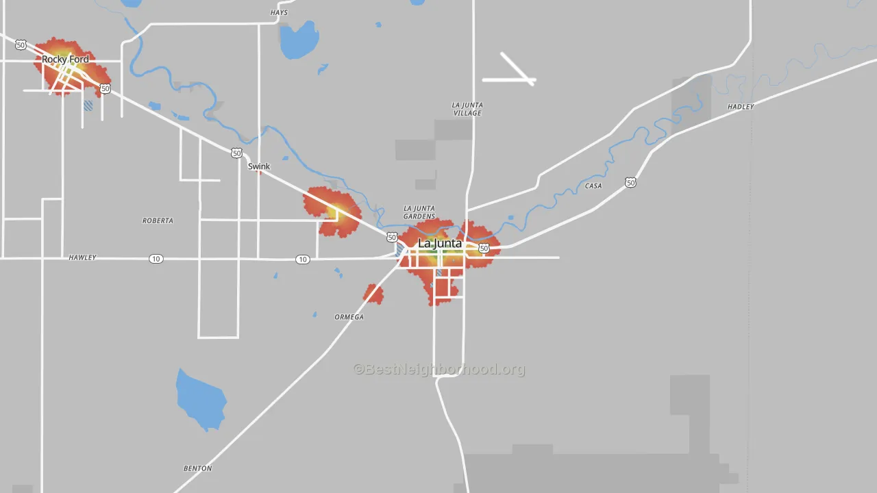 Walk Grade map of 81050, CO, walkable areas in green and car-dependent areas in red